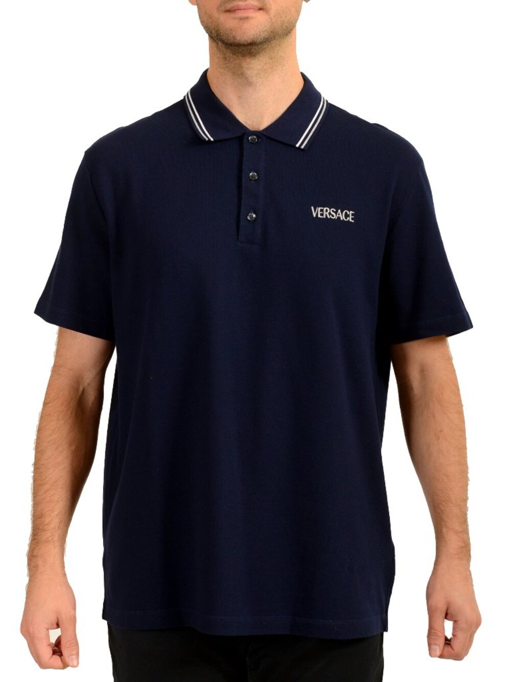 Versace Men's Navy Blue Logo Embroidery Short Sleeve Polo Shirt US 4XL IT 60